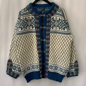 DALE OF NORWAY Snowday Women's Cardigan Sweater Wool Ski Fair Isle Blue Clasps L